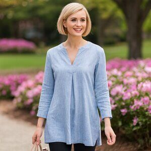 Ann Mashburn Light Blue Linen Pleated V‑Neck Long Slv Tunic Women’s Clean Girl